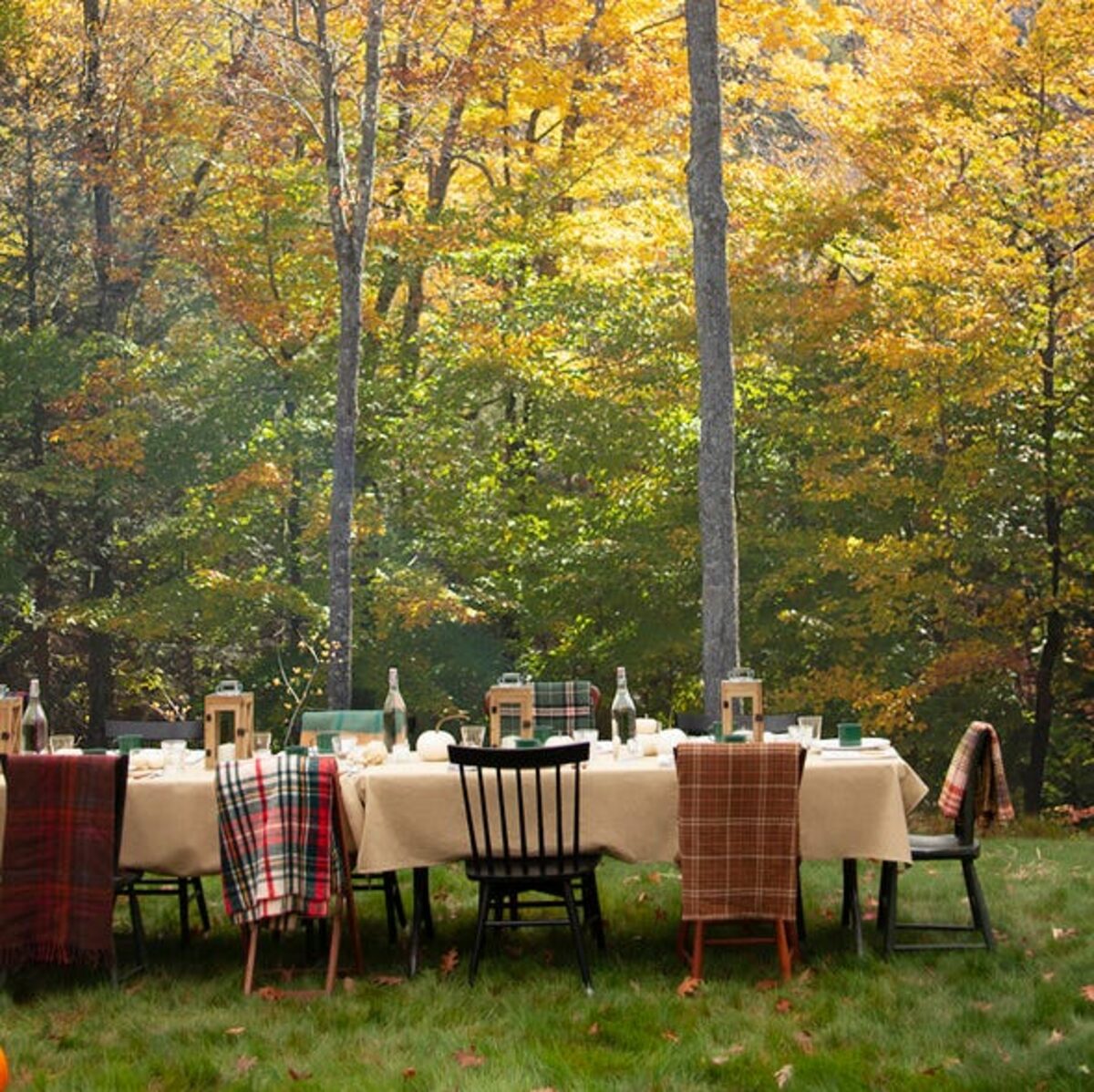 Fall patio entertaining setup with warm lighting