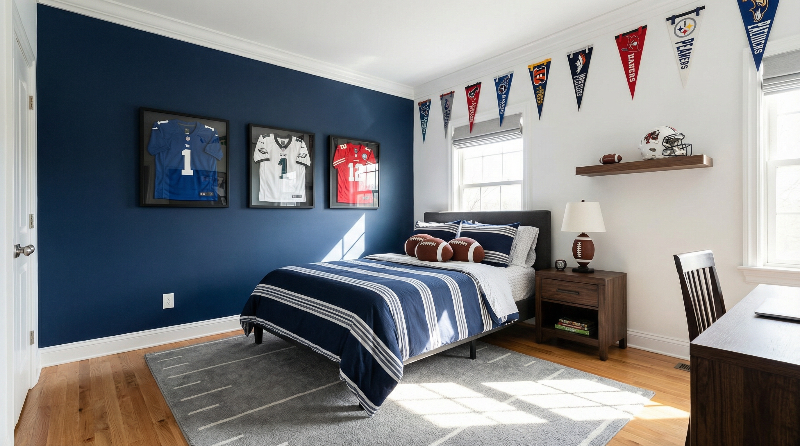 Stylish football-themed bedroom with team colors and sports memorabilia