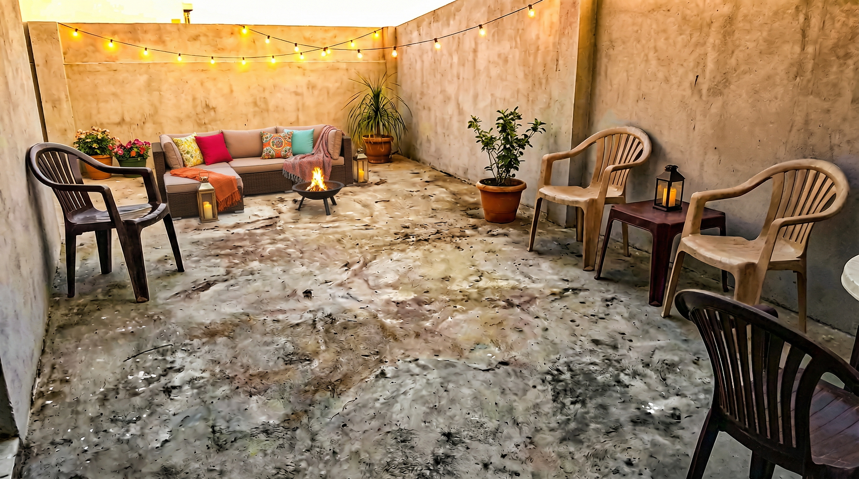 Beautiful budget-friendly patio transformation with string lights and colorful cushions