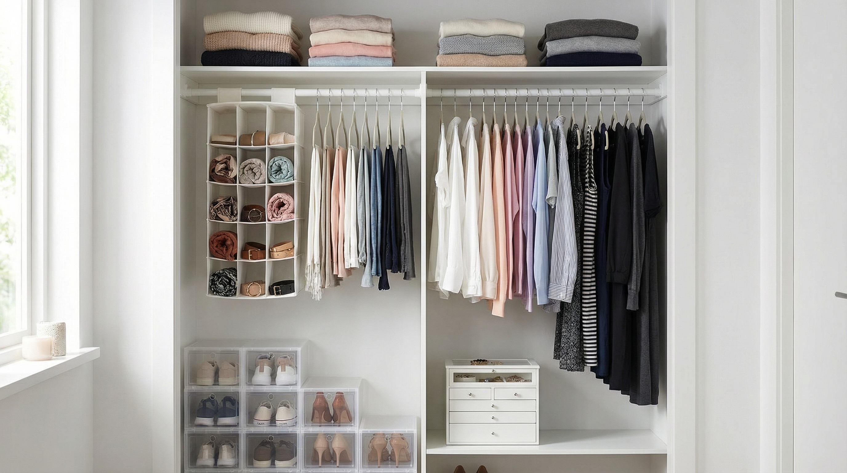 Beautifully organized small bedroom closet with efficient storage solutions