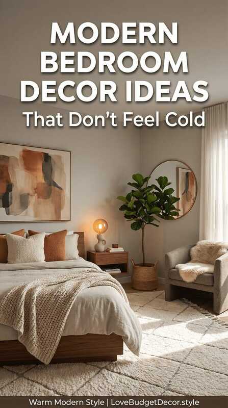 Pinterest graphic: Modern Bedroom Decor Ideas That Don't Feel Cold
